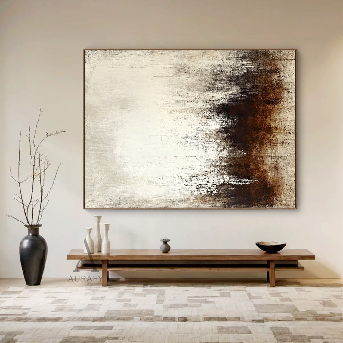 Abstract Beige Brown Art Tactile Vertical Stroke Wabi-Sabi Distressed Finish Modern Organic Wall Decor AURA606