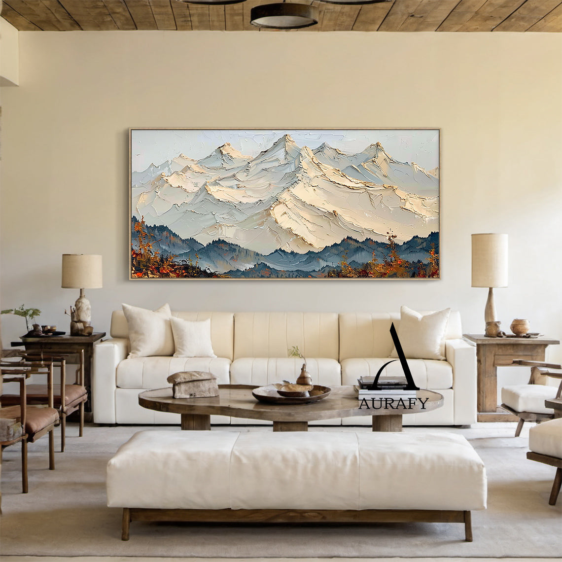 3D Textured Mountain Landscape Thick Impasto Knife Strokes Beige Blue Sculpted Tactile Canvas AURA514