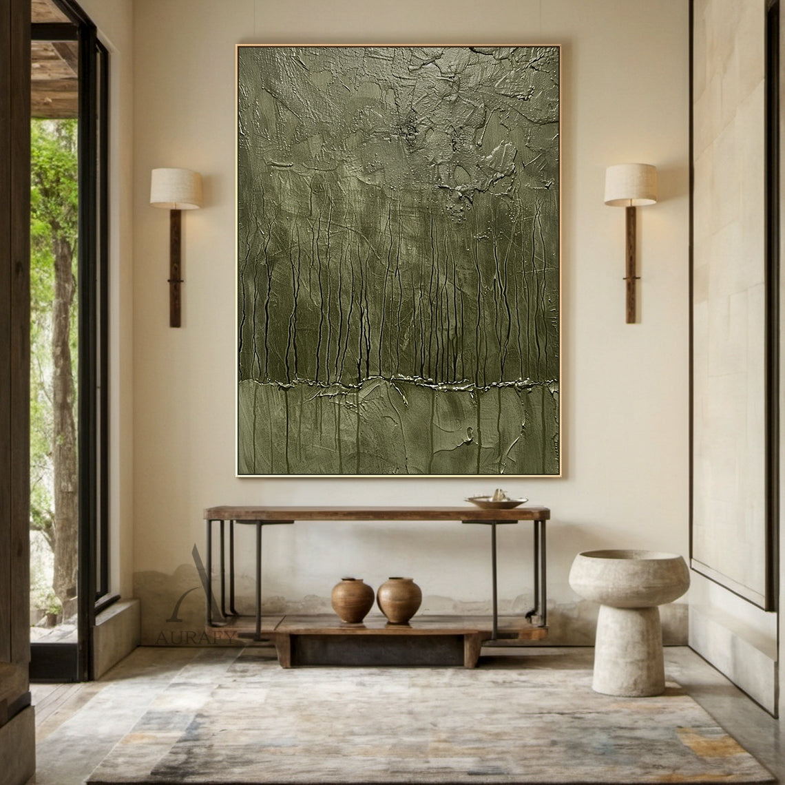 Green Abstract Art Thick Impasto Tactile Surface Vertical Drip Lines Sculpted Wall Art AURA461