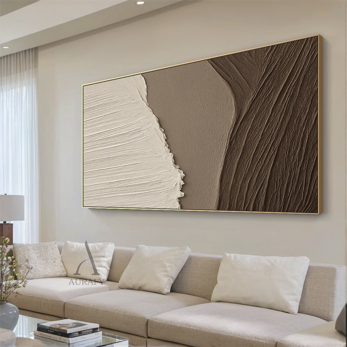 Beige Brown Landscape Art Thick Textured Canvas with Vertical Strokes Wavy Folds Modern Organic Minimalist Luxe AURA469