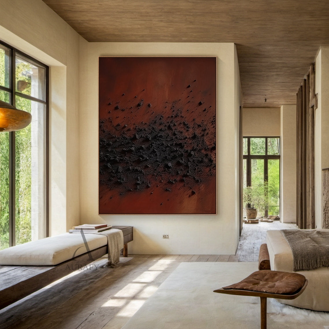 High Relief Terracotta Black Abstract Sculpted Canvas Tactile Minimalist Japandi Modern Home Wall Decor AURA790