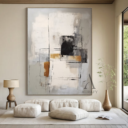 General Abstract Art Gray White Black Hand-painted Oil Brush Stroke Minimalist Luxe Wall Decor AURA486