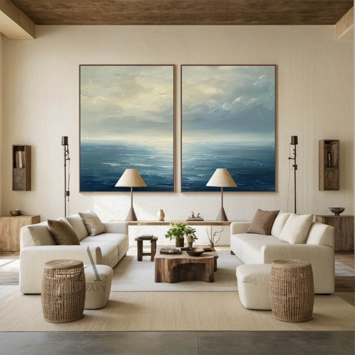 Blue Ocean Abstract Art Impasto Textured Modern Organic Wavy Line Sky Landscape AURA464