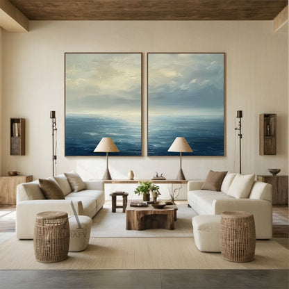 Blue Ocean Abstract Art Impasto Textured Modern Organic Wavy Line Sky Landscape AURA464