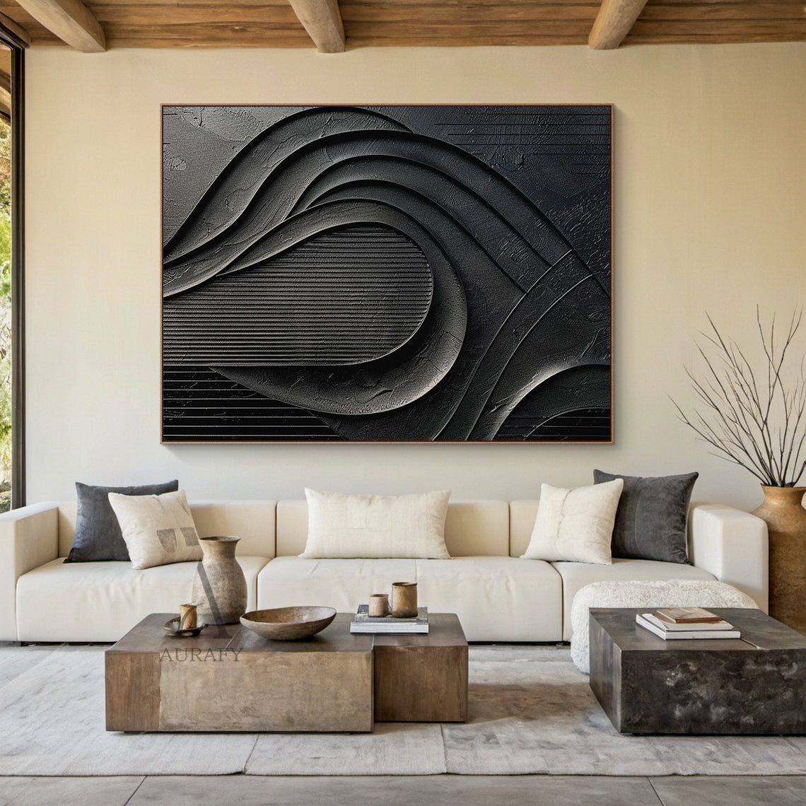 Minimalist Black Wall Art Sculpted High-Relief Tactile Matte Ribbed Modern Organic Design AURA424