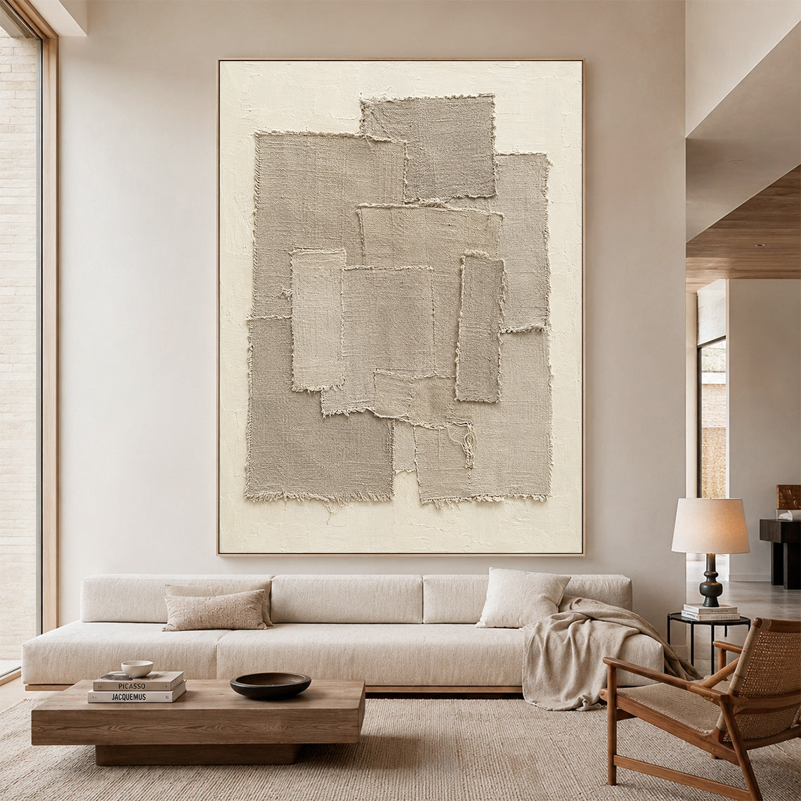 Beige 3D Textured Wall Art Japandi Frayed Linen Collage Tactile Modern Organic Minimalist Decor AURA758