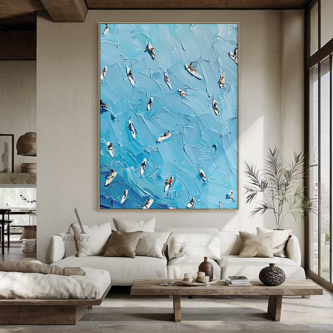 Blue Sea Surfing Art Impasto Texture Dynamic Surfer Scene Knife Strokes Vibrant Blue Tones AURA417