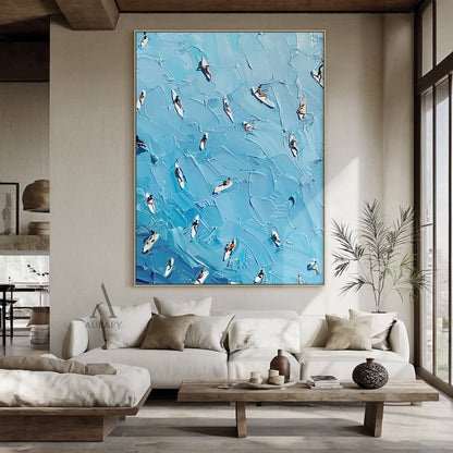 Blue Sea Surfing Art Impasto Texture Dynamic Surfer Scene Knife Strokes Vibrant Blue Tones AURA417