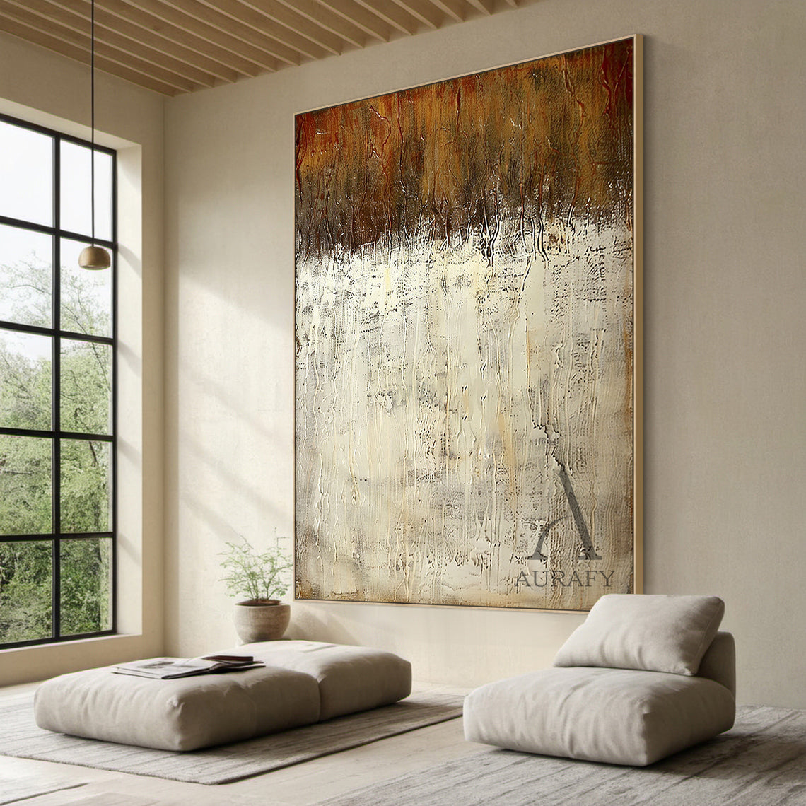 Beige Abstract Art with Tactile Plaster Texture Vertical Drips Weathered Patina Modern Organic AURA505