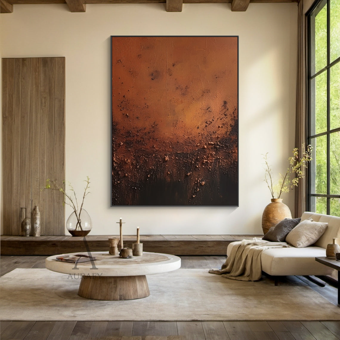 Plaster Textured Burnt Orange Brown Abstract Japandi Organic Tactile Sculpted Wall Art AURA789