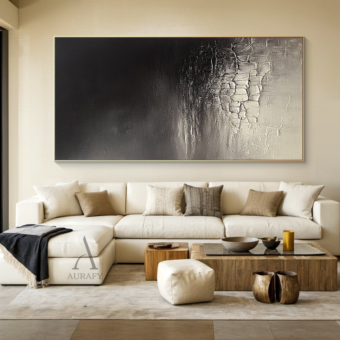 Black to Gray Abstract Painting with Pale Fractured Texture - AURA826