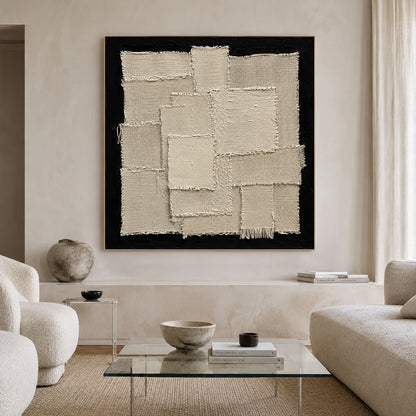 3D Textured Beige Black Sculpted Canvas Plaster Tactile Minimalist Luxe Wall Painting AURA759