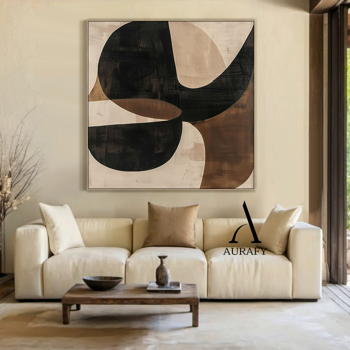 Wabi Sabi Beige Brown Hand-Painted Art Organic Curves Brushstroke Texture Tactile Wall Decor AURA575