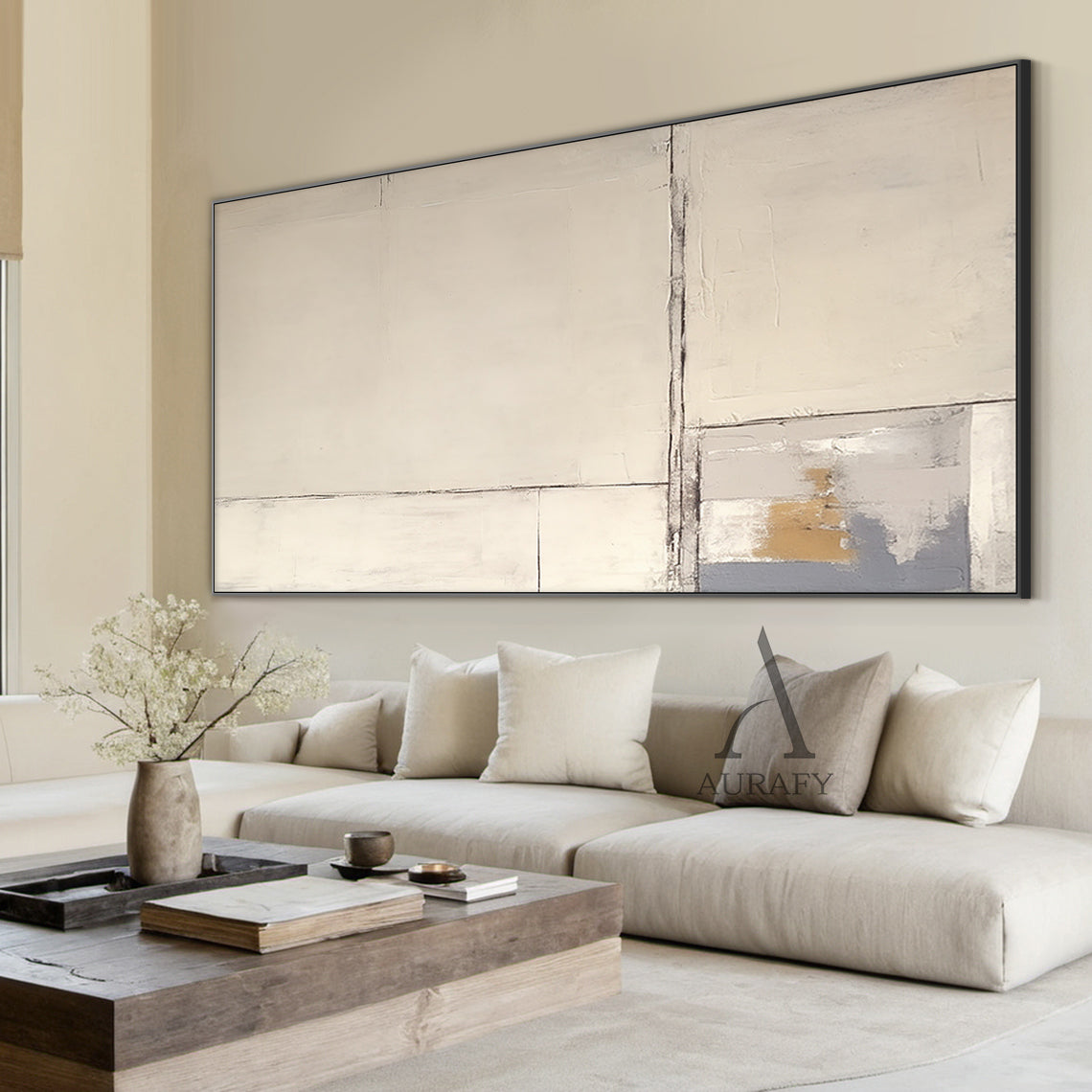 Beige Abstract Art Plaster Textured Japandi Minimalist Handmade Geometric Lines Tactile Canvas AURA490