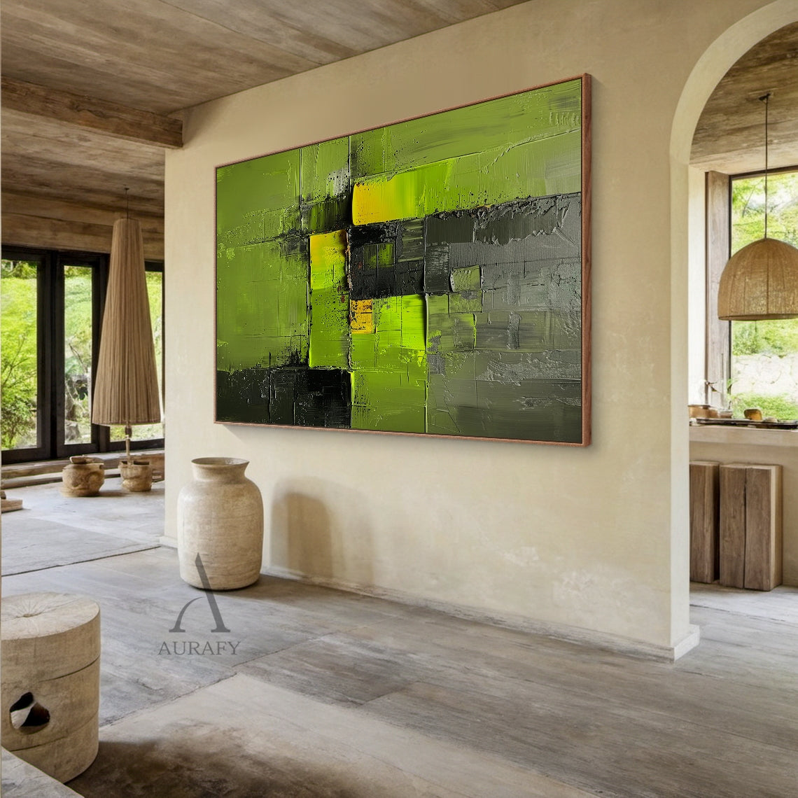 Green Abstract Art Impasto Sculpted Knife Strokes Tactile High-Relief Bold Modern Piece AURA460