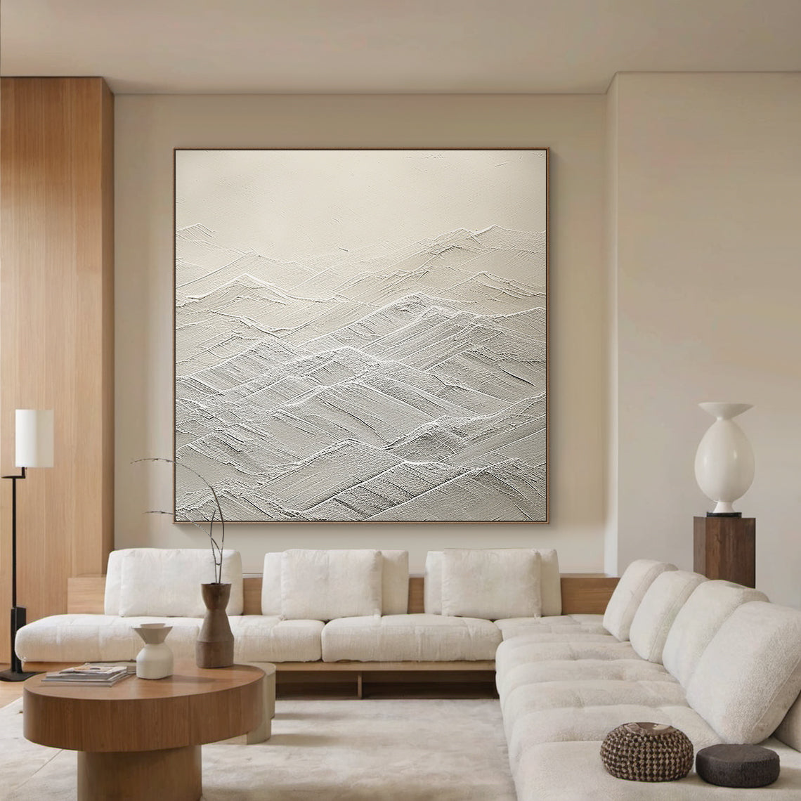 Mountain Ridge Relief Canvas – Cream & White Tones – AURA042(Horizontal)