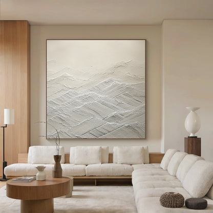 Mountain Ridge Relief Canvas – Cream & White Tones – AURA042(Horizontal)