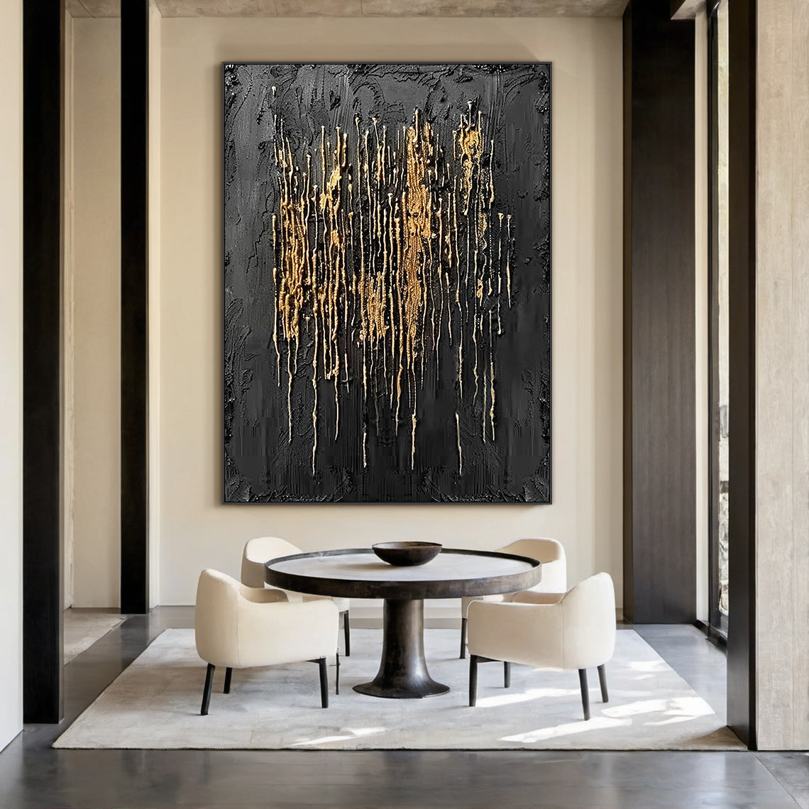 Metallic Drip Texture Canvas – Charcoal & Gold Accents – AURA031(Vertical)