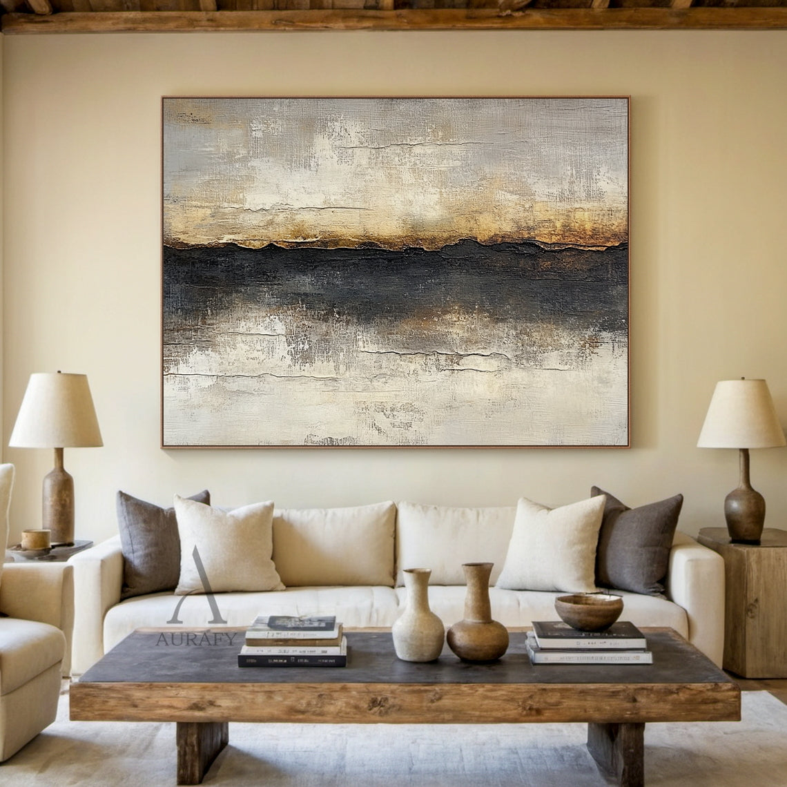 Beige and Black Abstract Ridge Wall Art with Ochre Accents - AURA823
