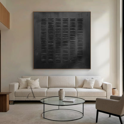 Black Minimalist Abstract Art Embossed Lines Tactile Subtle Worn Surface Monochromatic Piece AURA602