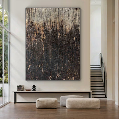 Wabi Sabi Distressed Wood Grain Black Brown Weathered Vertical Texture Artwork with Chipped Patina AURA592