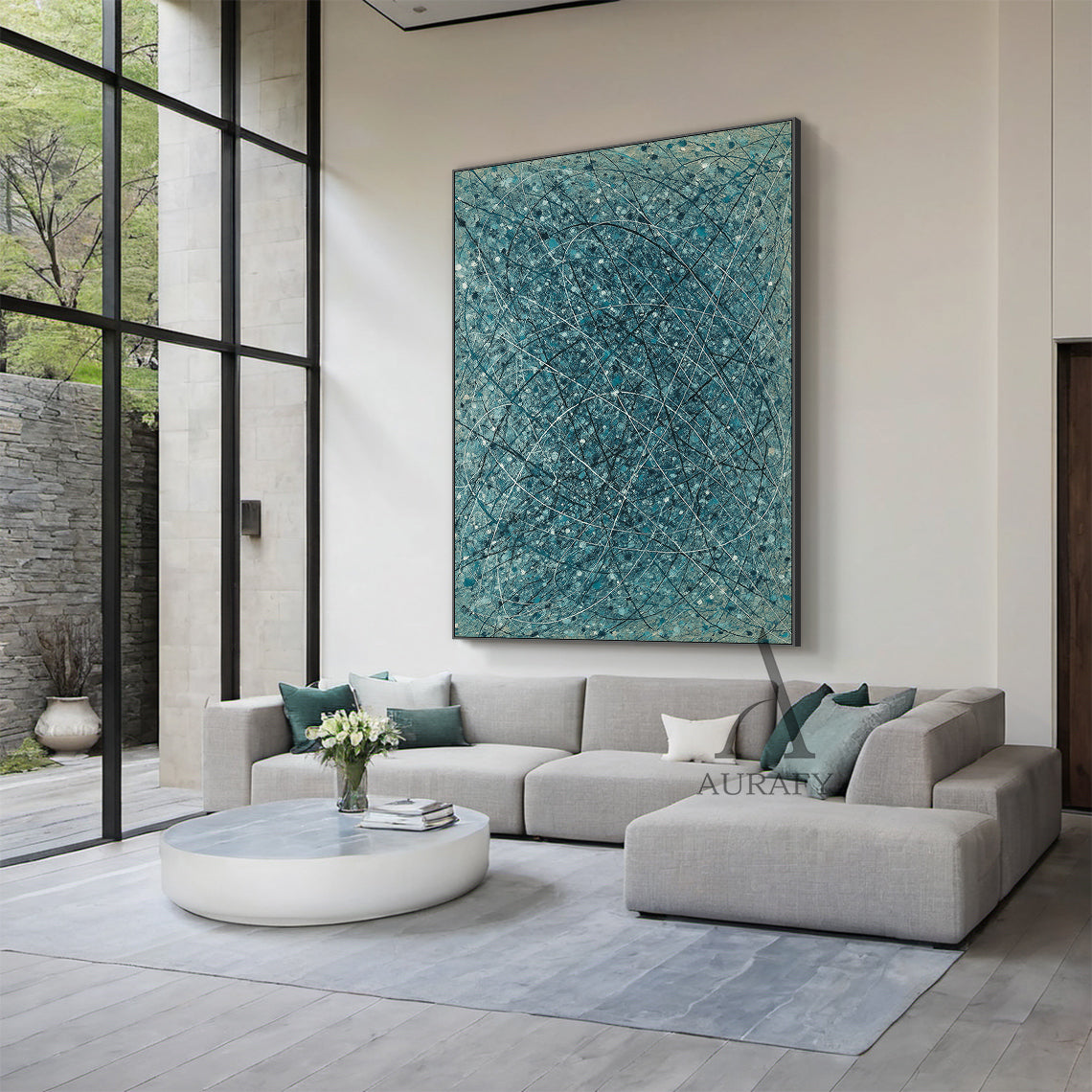Abstract Blue Art Interwoven Lines Mottled Texture Tactile Surface Pigment Splatter Abstract Expressionist AURA509