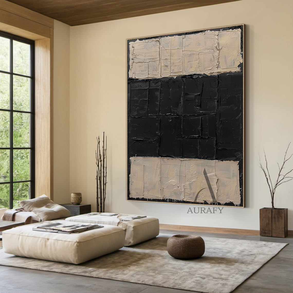 General Abstract Beige Black Impasto Texture Wabi-Sabi Tactile Artwork Modern Organic Sculpted Canvas AURA474