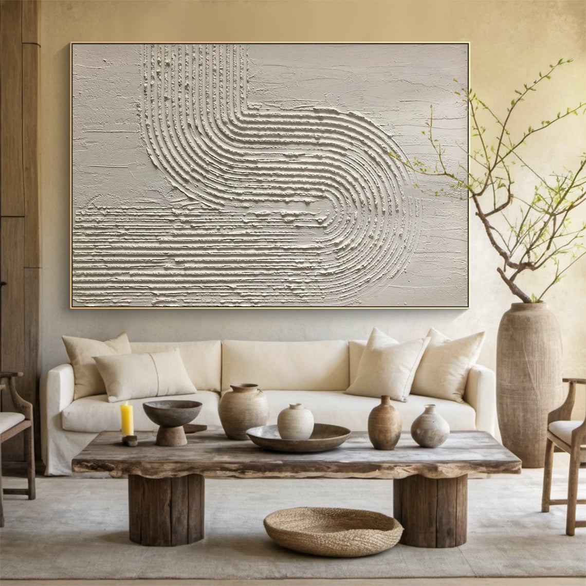 Curved Line Texture Wall Art – Soft Ivory Minimalist Relief – AURA013