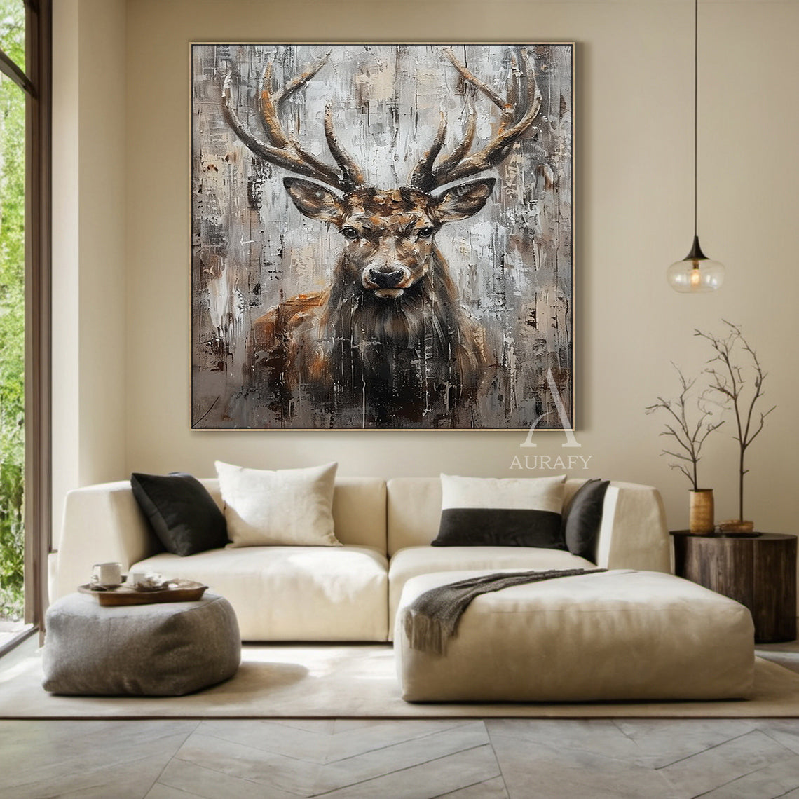 Wabi-sabi Large Textured Brown Stag Animal Oil Painting Canvas Wall Art-AURA339