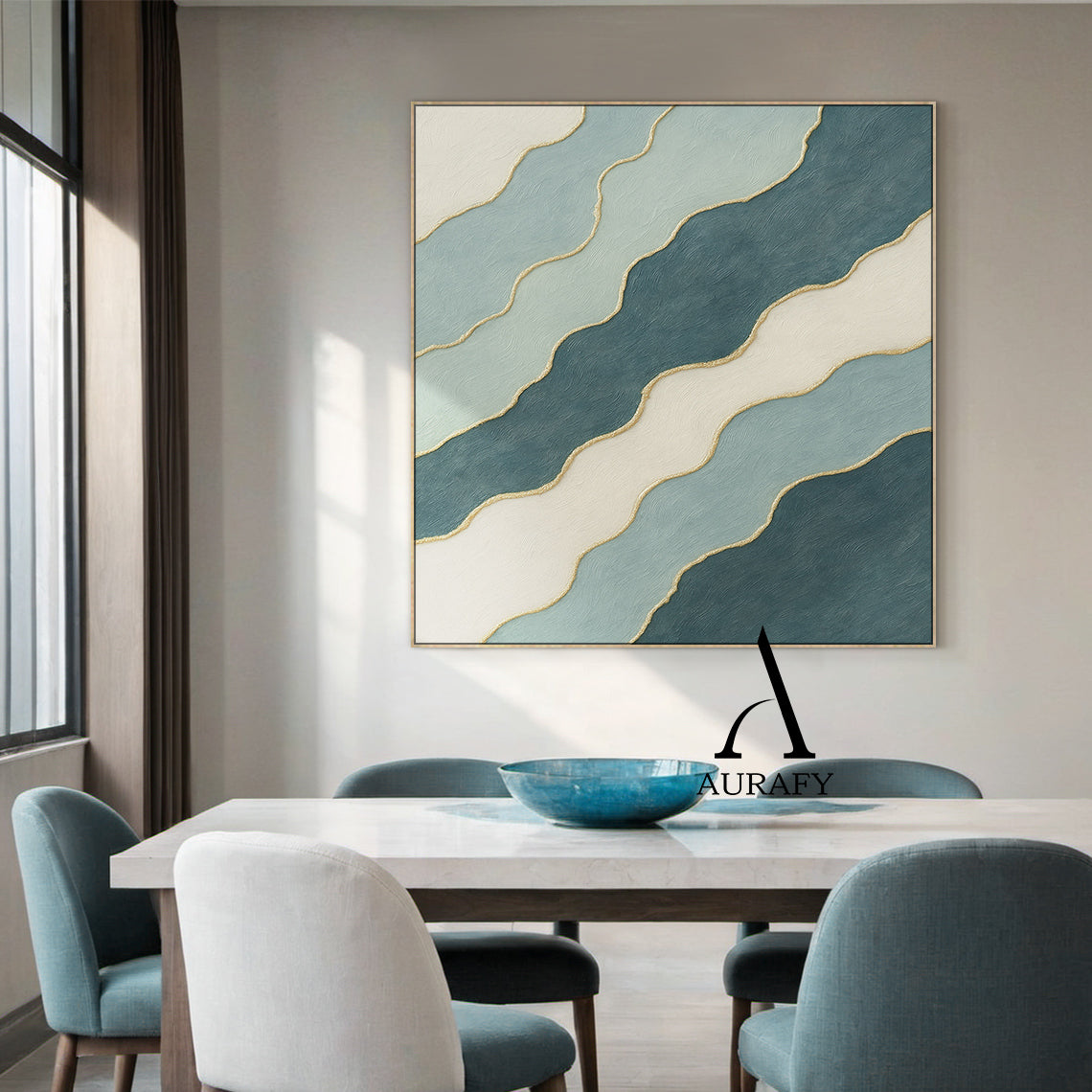 3D Textured Abstract Painting Blue White Green Gold Accent Tactile Minimalist Luxe AurafyArt AURA520