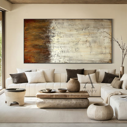 Beige Abstract Art with Tactile Plaster Texture Vertical Drips Weathered Patina Modern Organic AURA505