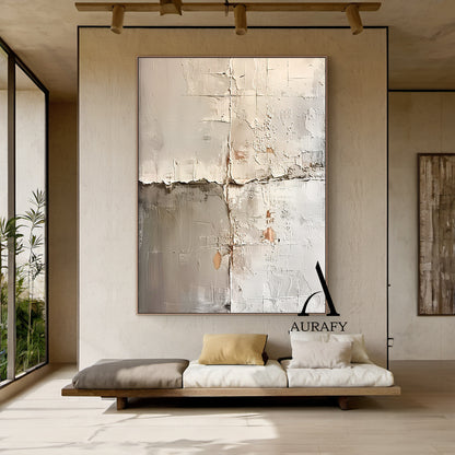 Wabi Sabi Beige Art Plaster Textured Peeling Wall Effect Handcrafted Minimalist Organic Canvas AURA563