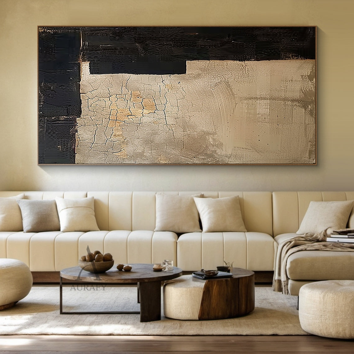 Beige & Black Wabi Sabi Geometric Abstract Wall Art | Cracked Plaster Japandi Canvas | AURA809