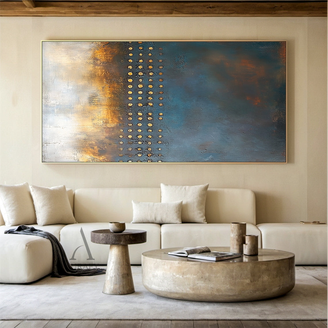 Blue and Beige Abstract Wall Art with a Golden Dot Grid - AURA851