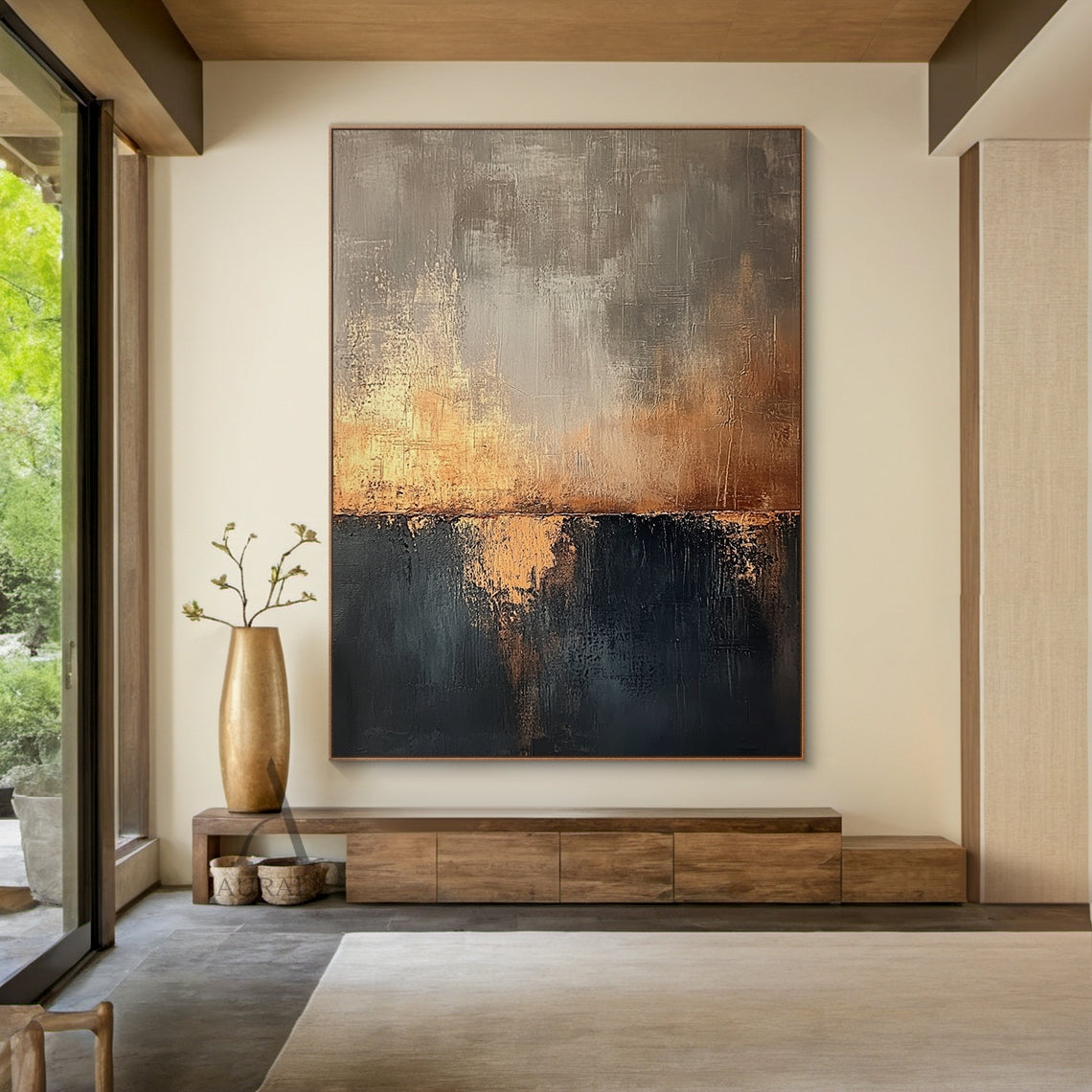 Yellow Ochre and Black Abstract Wall Art with Reflected Light - AURA825