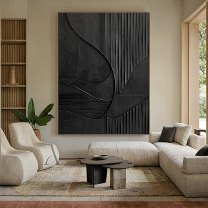 Minimalist Black Wall Art Crackled Texture Vertical Striped Tactile Sculpted Abstract Modern Organic AURA425