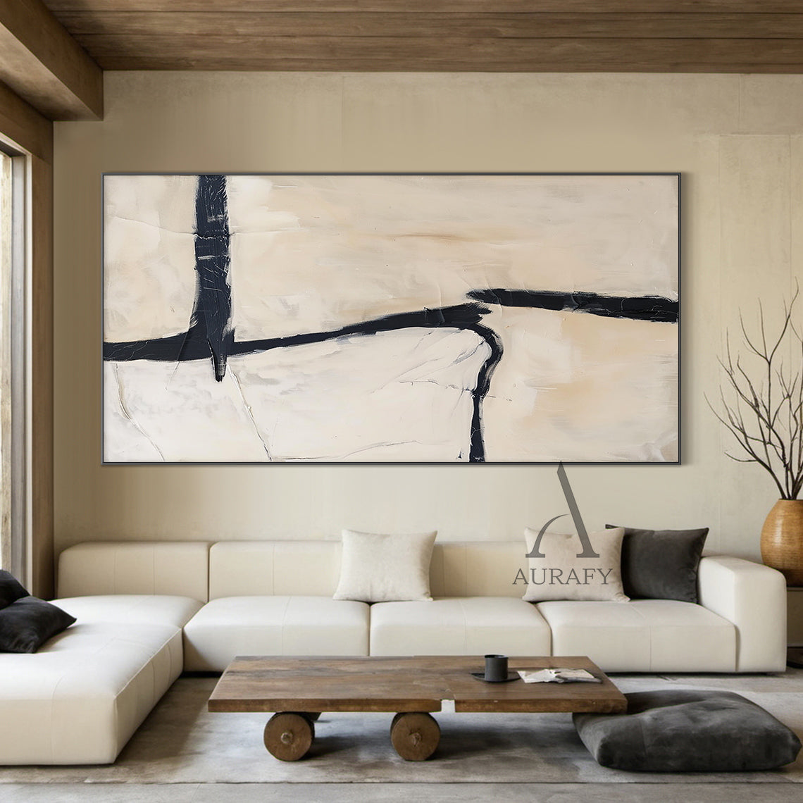 General Abstract Black Beige Tactile Canvas Art with Impasto Brush Strokes Minimalist Luxe AURA506