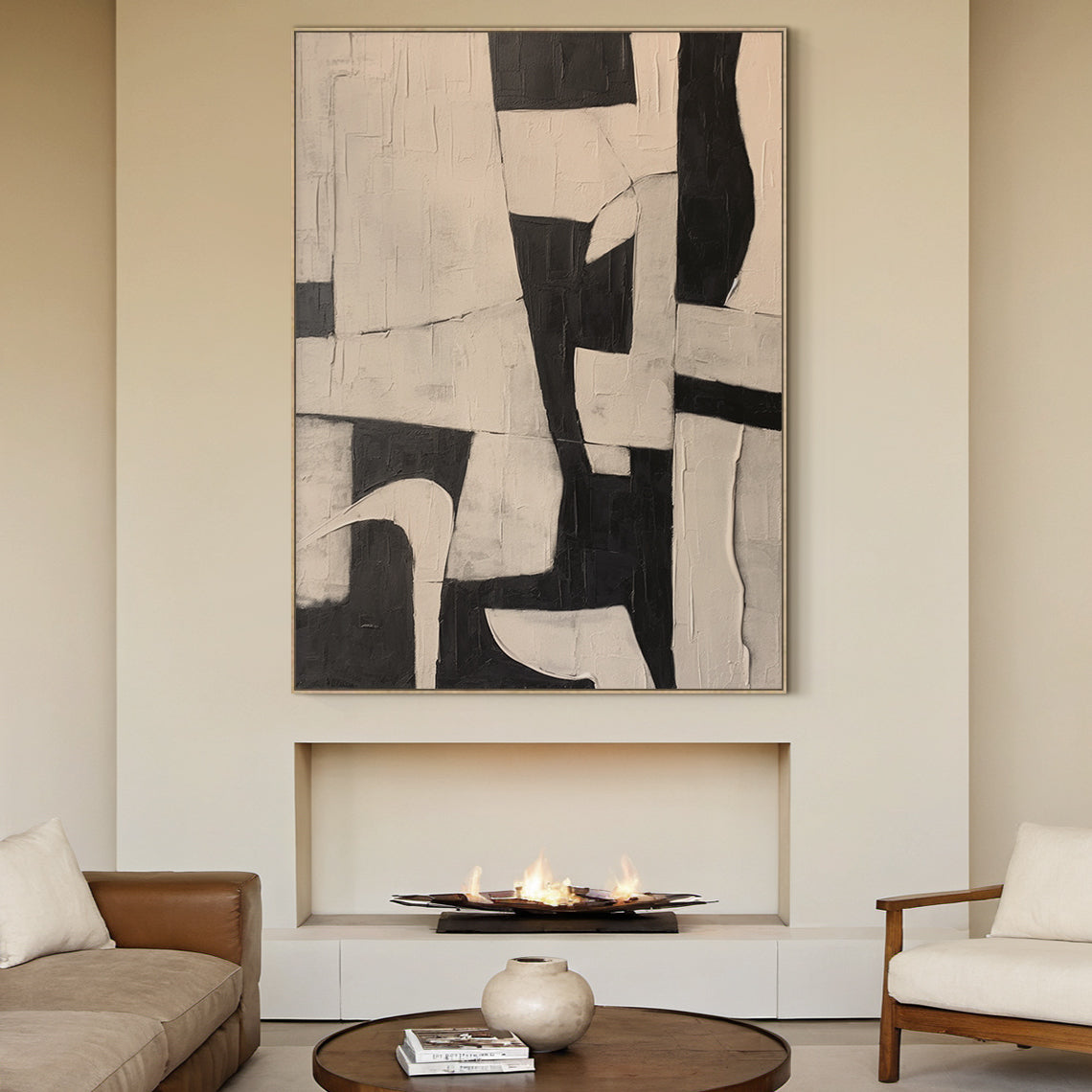 Abstract Geometric Texture Canvas – Noir & Sand painting – AURA050(Horizontal)
