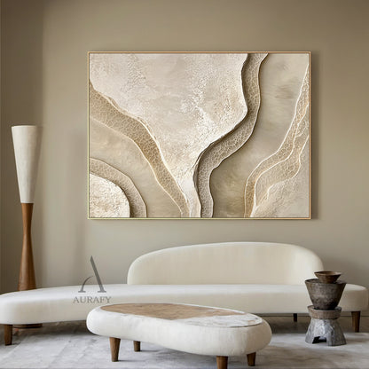 Beige Abstract Landscape Art Tactile High-Relief Plaster Sculpted Canvas Modern Organic Piece AURA439