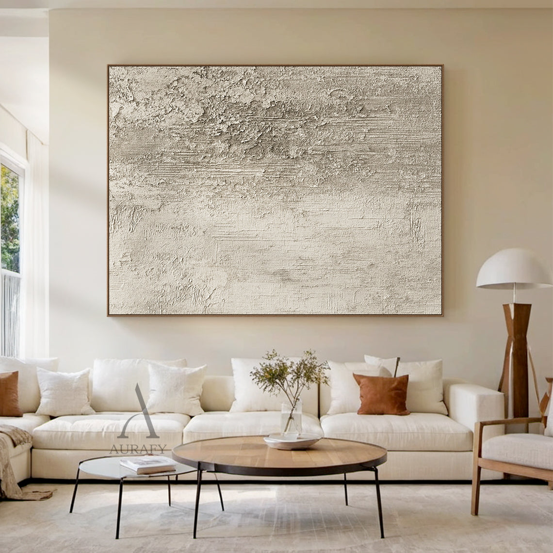 Beige Abstract Plaster Textured Art with Tactile Peeling Surface Vertical Lines Wabi-Sabi Style AURA452