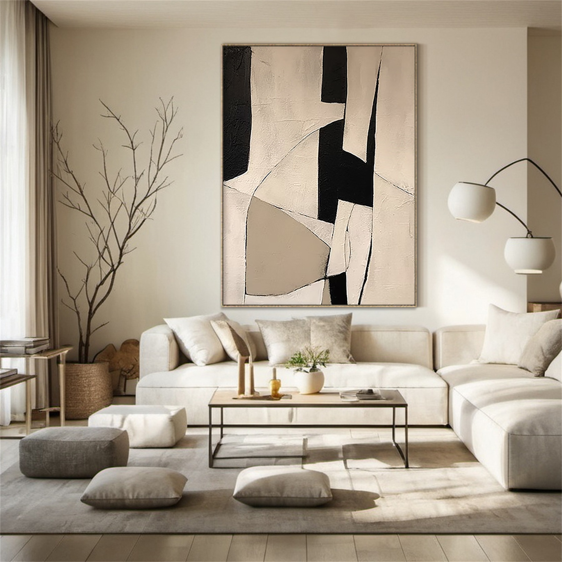 Quiet Geometry Minimalist Geometric Abstract Oil Painting  Cream, Taupe & Black Interplay -AYRA019