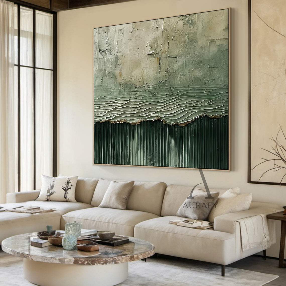 General Abstract Green Textured Art Vertical Flow Wave Thick Coat Copper Accents Worn Surface AURA508