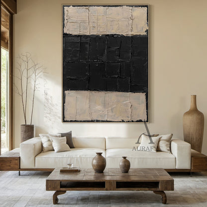 General Abstract Beige Black Impasto Texture Wabi-Sabi Tactile Artwork Modern Organic Sculpted Canvas AURA474