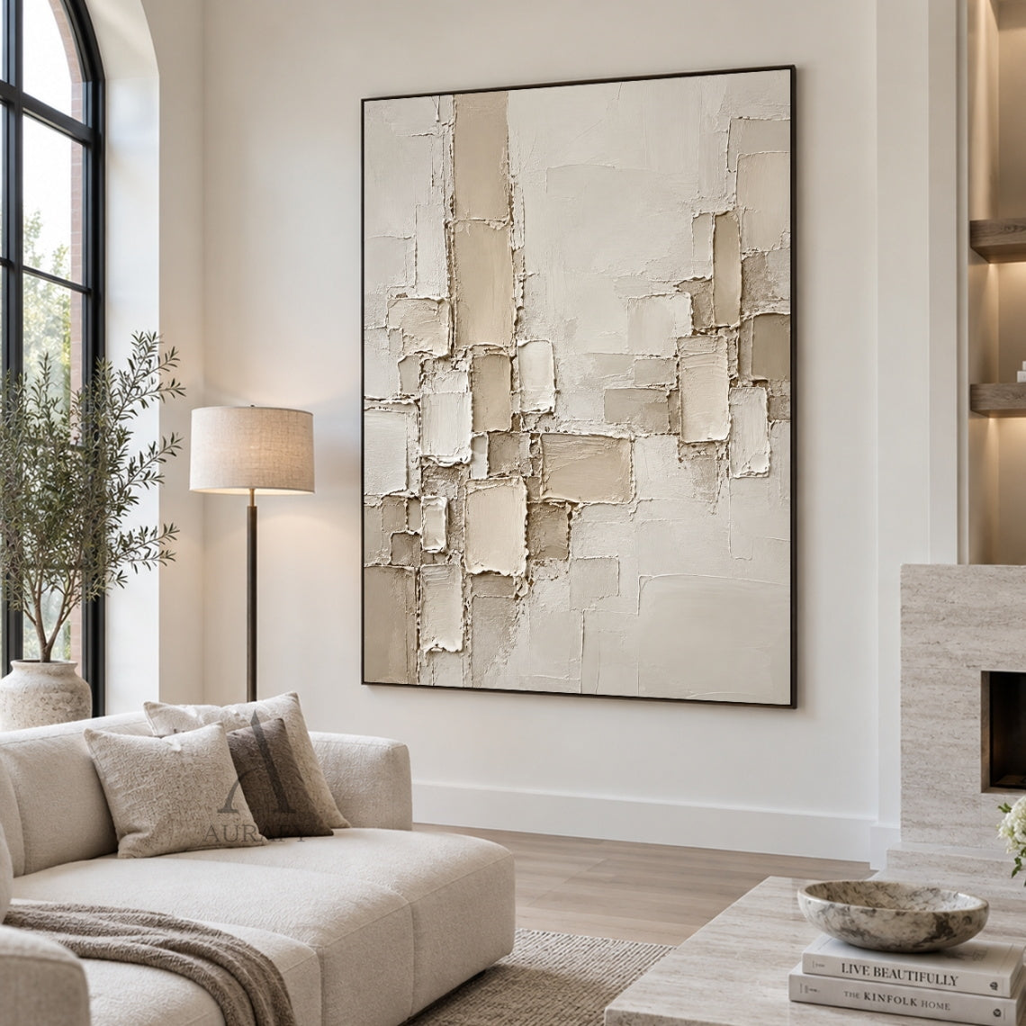 Raised Grid, Beige Geometric Impasto Wall Art AURA863