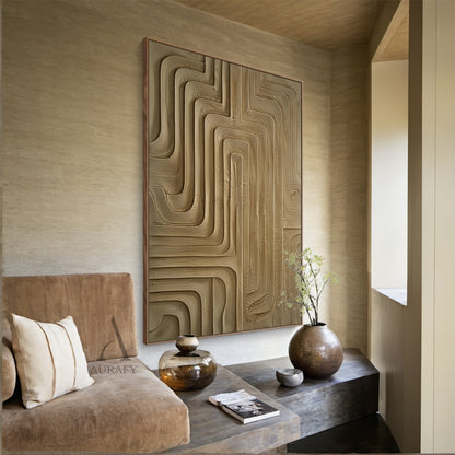 Minimalist Wall Art Brown High-Relief Plaster Tactile Surface Sculpted Geometric Lines Minimalist Luxe Decor AURA432