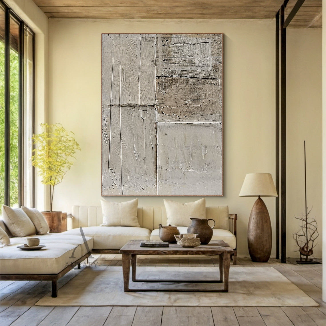 Beige and Cream Abstract Patchwork Painting with Uneven Seams - AURA834