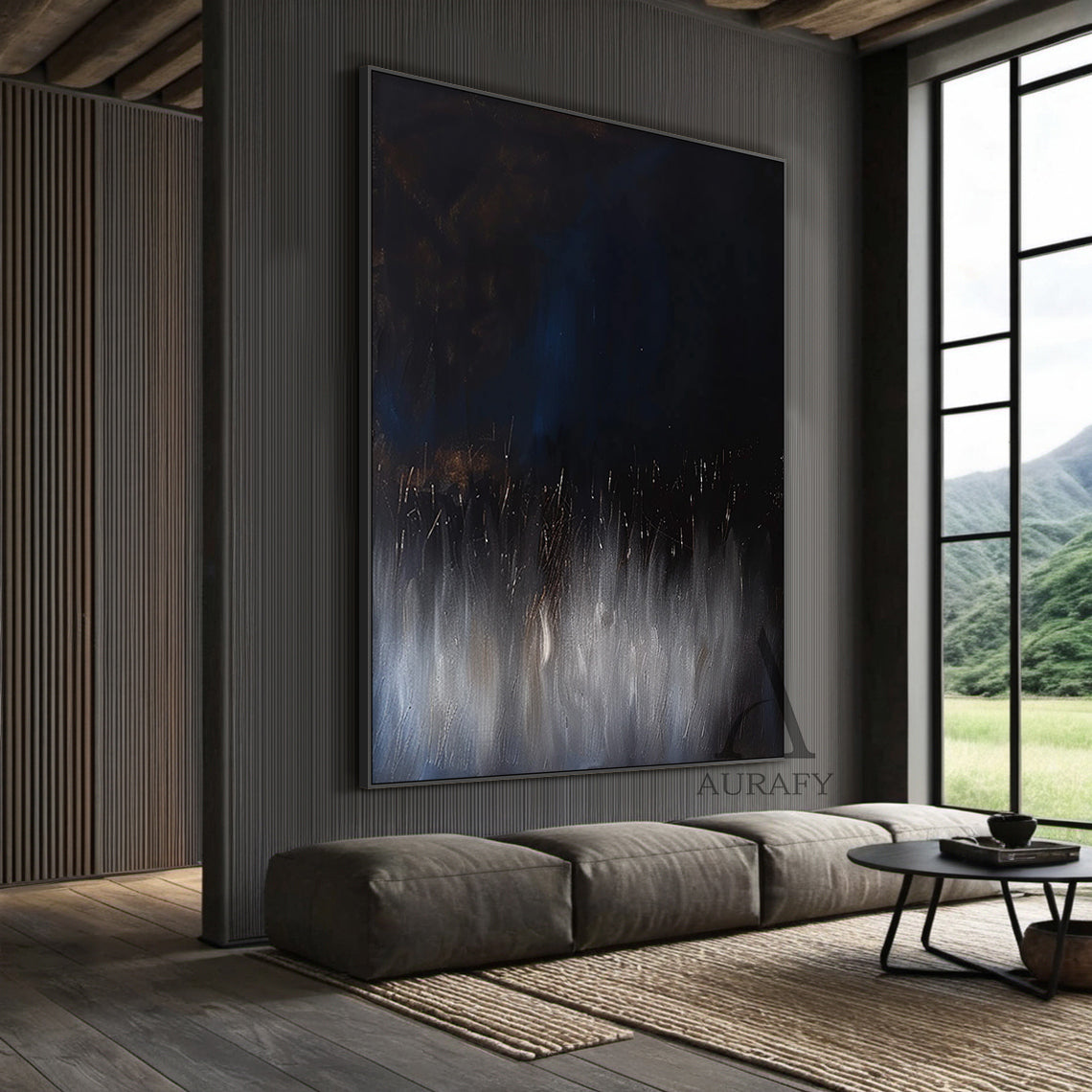 Abstract Black Blue Artwork Abstract Expressionist with flowing vertical texture, star-like light accents AURA504
