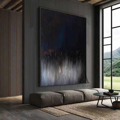 Abstract Black Blue Artwork Abstract Expressionist with flowing vertical texture, star-like light accents AURA504