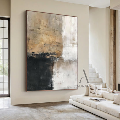 Abstract Neutral Wall Art Impasto Brushstrokes Scraped Tactile White Brown Black Modern Textured Canvas AURA503