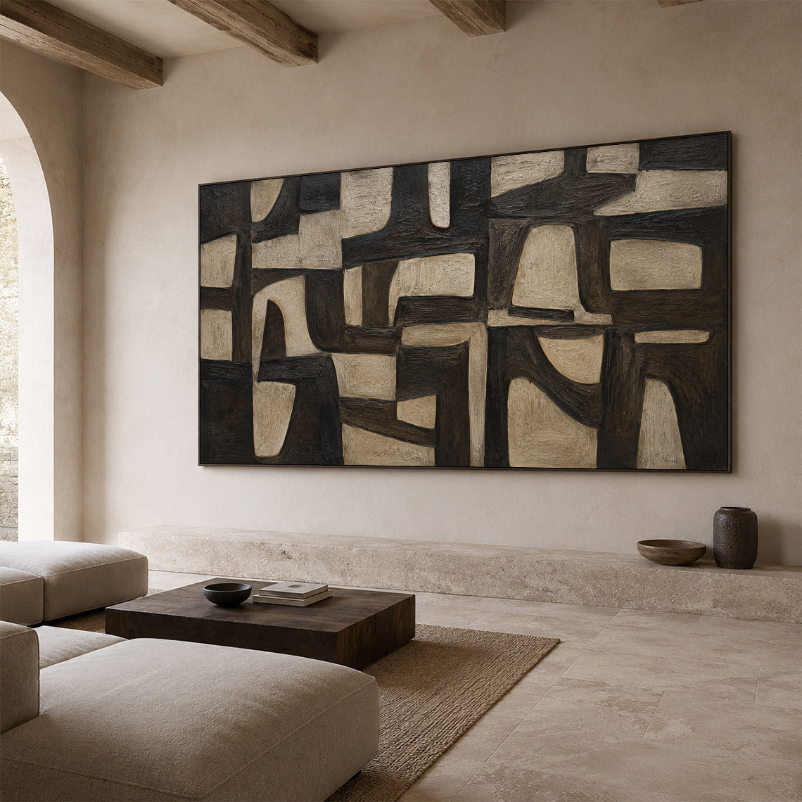 Plaster Textured Abstract Wall Art Black Brown Wabi-Sabi Japandi Minimalist Geometric Tactile Handcrafted Canvas Decor AURA769